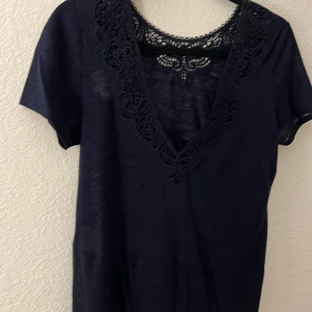 Sezane Elea Crochet V Neck Linen T-Shirt in Size Small